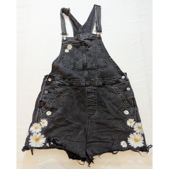 Driftwood Floral Embroidered Denim Shortalls Cutoff Black Women’s M - Picture 1 of 5